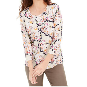Women's JM Collection Beige Multi-color Floral Long Sleeve Tee Petite MP